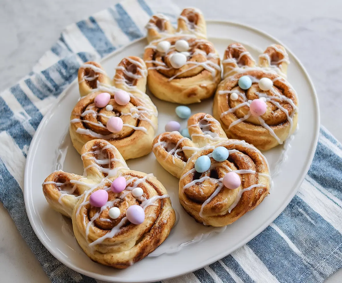 Easter Bunny Cinnamon Rolls with pink frosting and colorful sprinkles, perfect for spring celebrations.