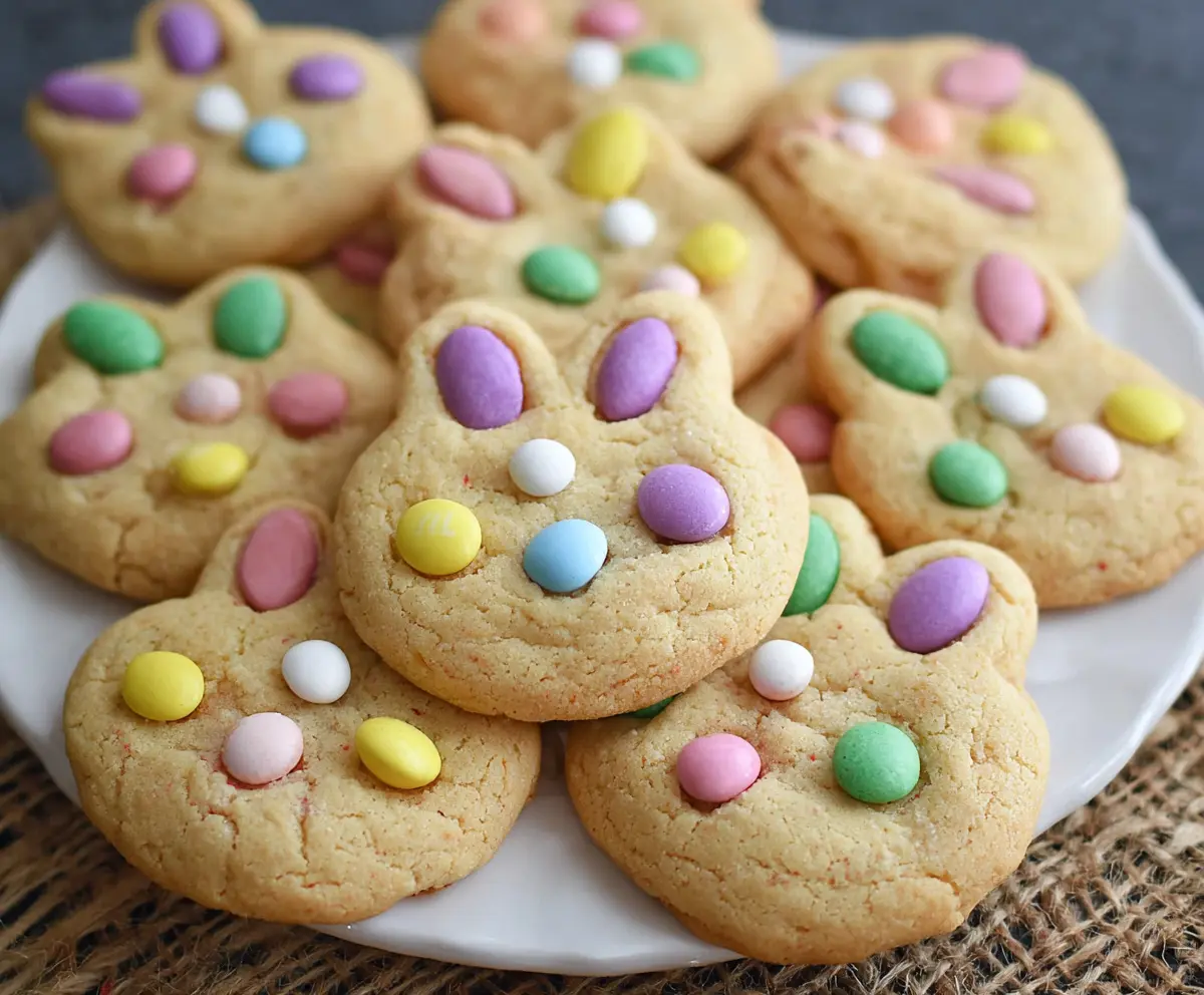 Delicious Easter Bunny M&Ms Cookies with colorful candies and festive decoration