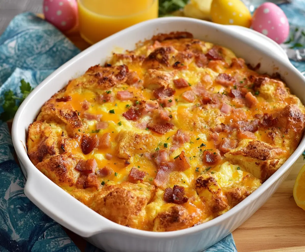 Delicious Easter Cheesy Ham and Egg Casserole with melted cheese and savory ham pieces.
