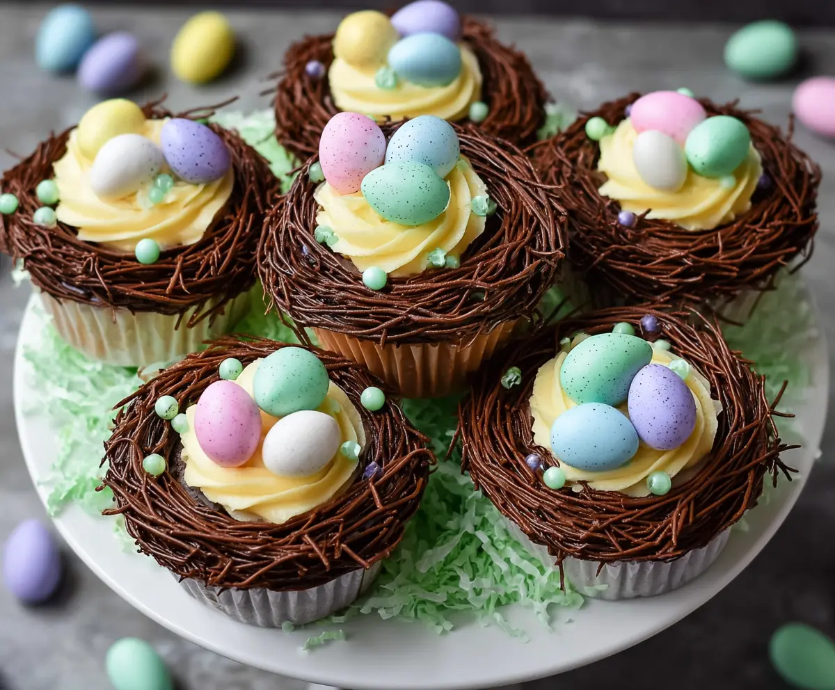 Decorative Easter Egg Nest Cupcakes with colorful candy eggs on a festive table