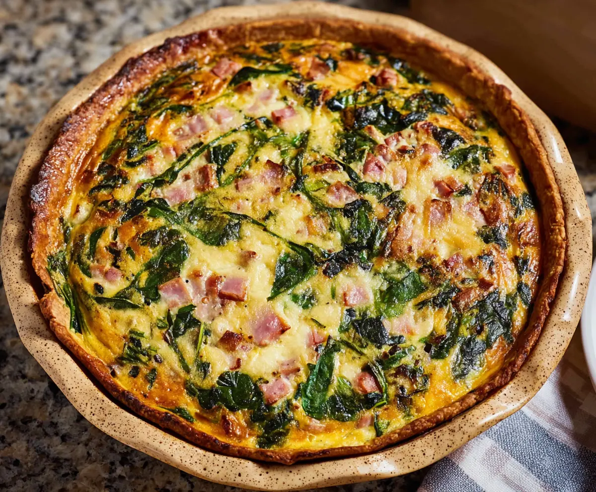 Delicious Easter ham and spinach quiche on a serving plate, perfect for holiday brunch.