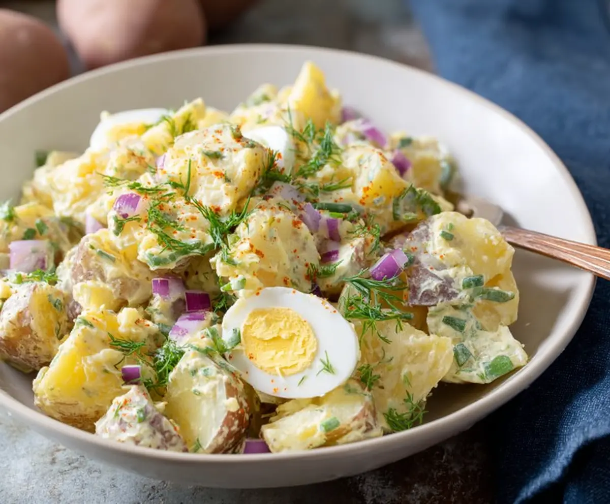 Easter Potato Salad with fresh herbs and colorful vegetables served in a festive bowl