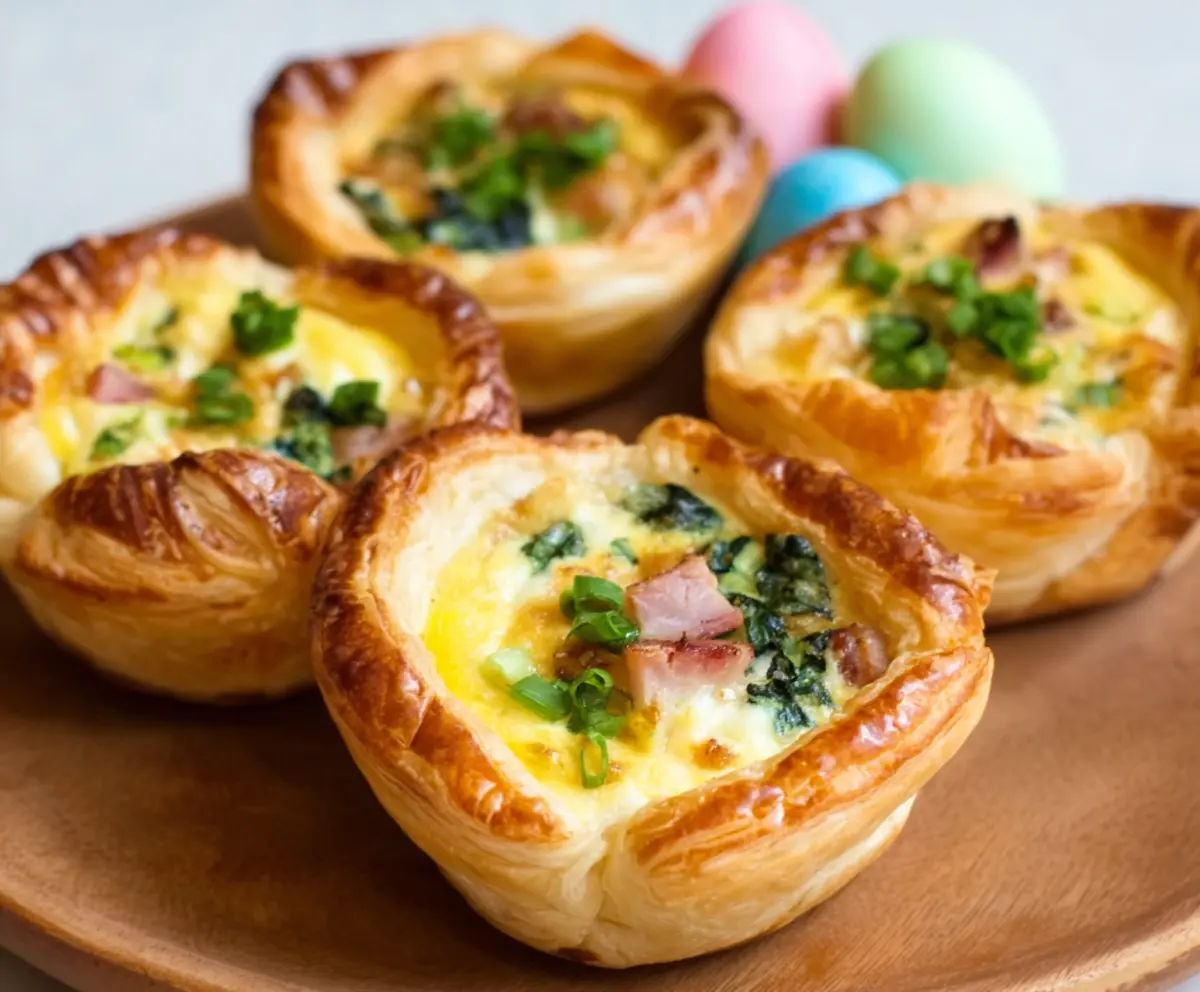Delicious Easter Puff Pastry Quiche Cups filled with cheese and vegetables for a festive breakfast.