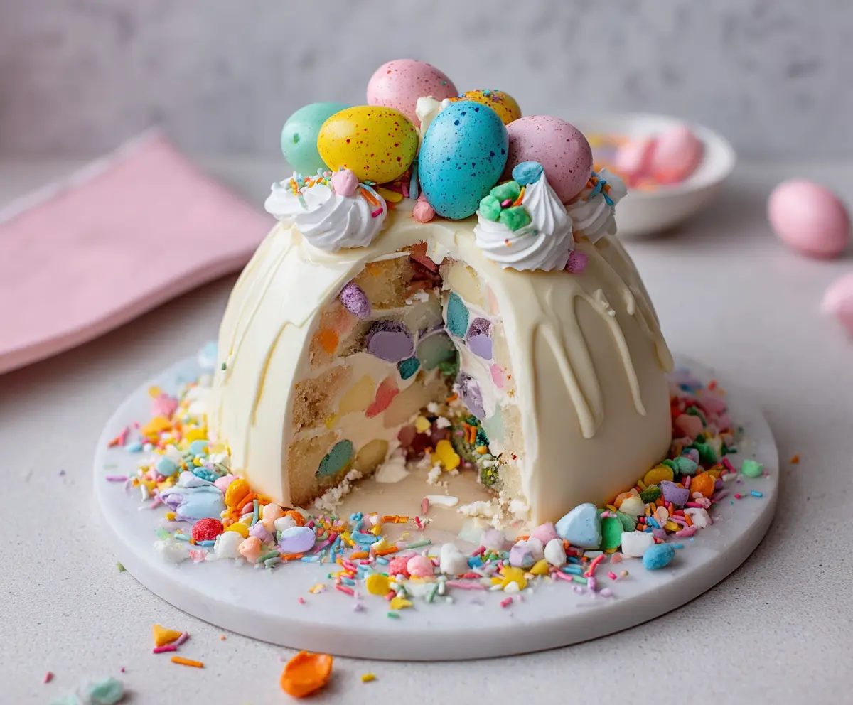 Delicious Epic Easter Egg Smash Cake with vibrant frosting and colorful eggs for celebrating spring.