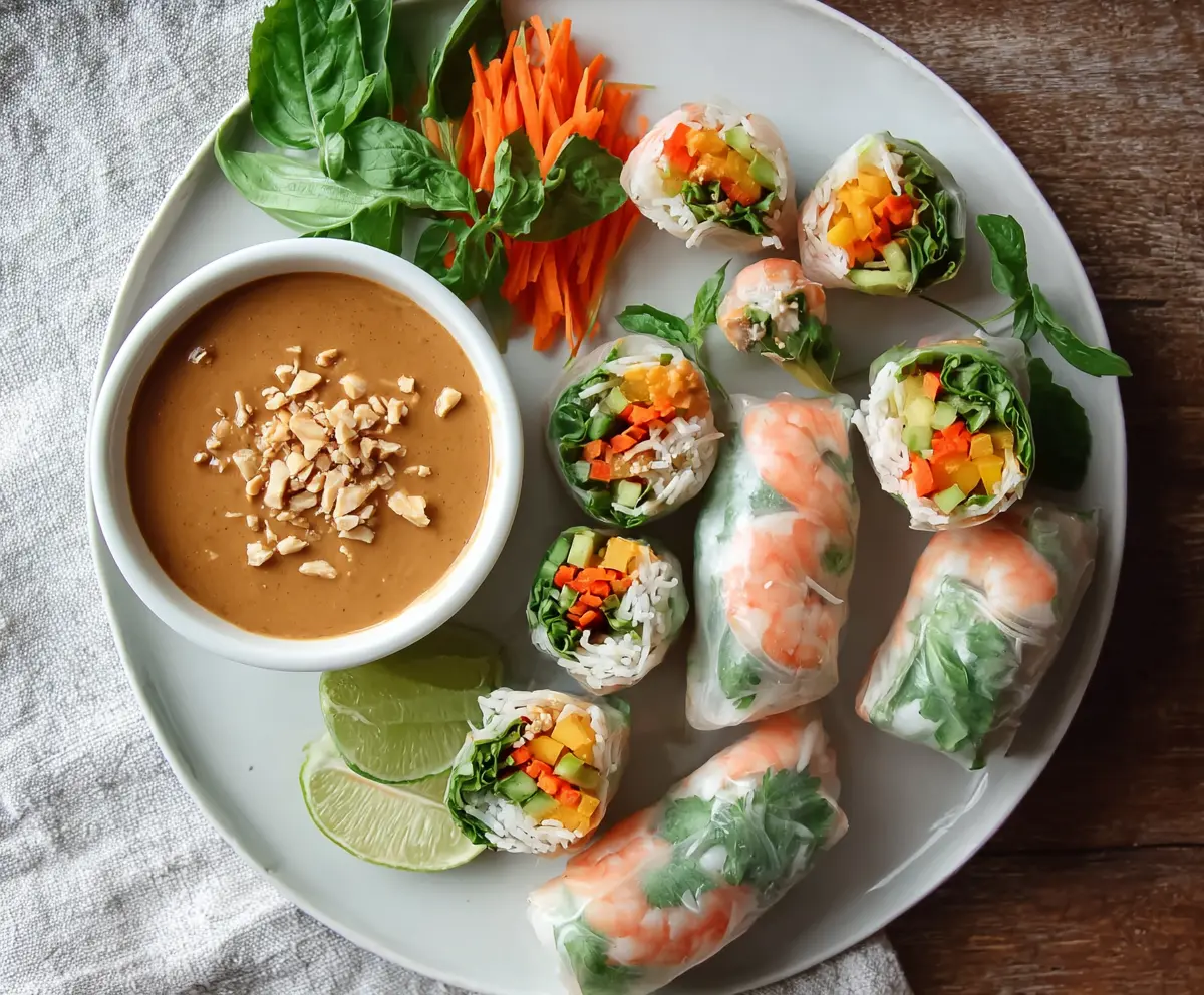 Delicious fresh spring rolls filled with vegetables and herbs served with creamy peanut sauce.