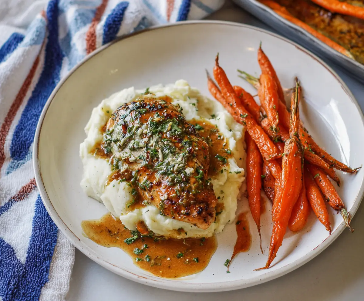 Delicious garlic herb chicken served with creamy mashed potatoes and glazed carrots on a dinner plate.