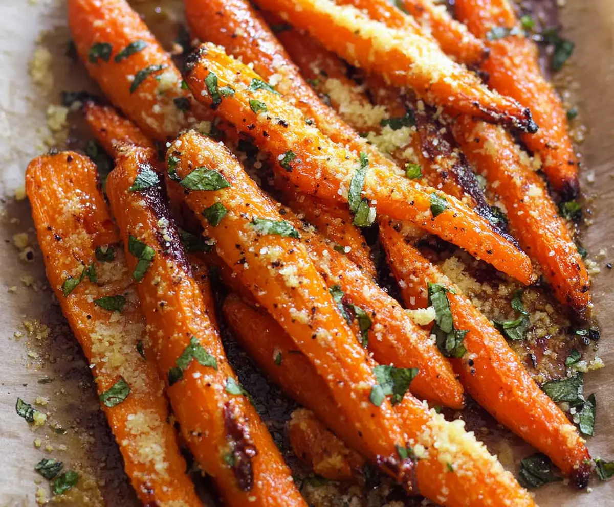 Delicious garlic Parmesan roasted carrots on a serving platter, garnished with fresh herbs.