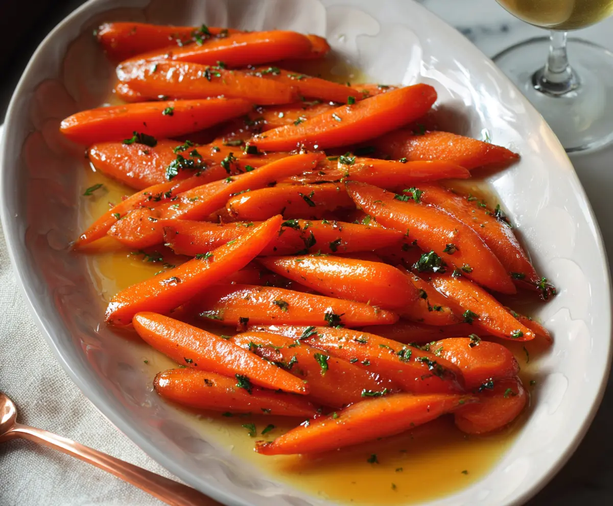 A close-up of glossy glazed carrots garnished with fresh herbs on a white plate.