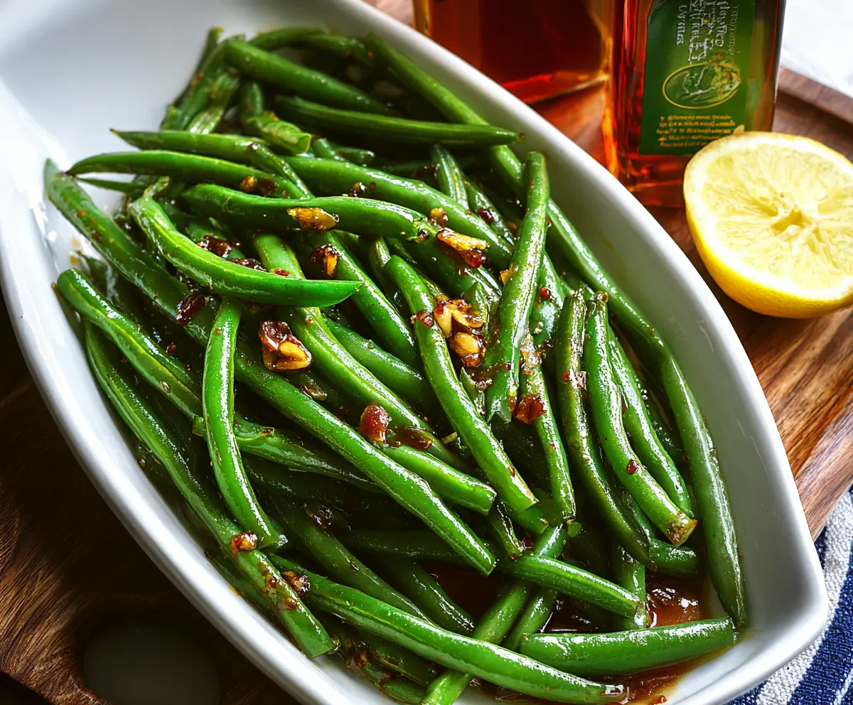 Delicious glazed green beans garnished with sesame seeds on a white plate