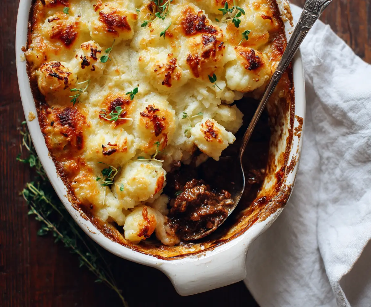 Delicious Gnocchi Shepherd's Pie topped with golden cheese and fresh herbs.