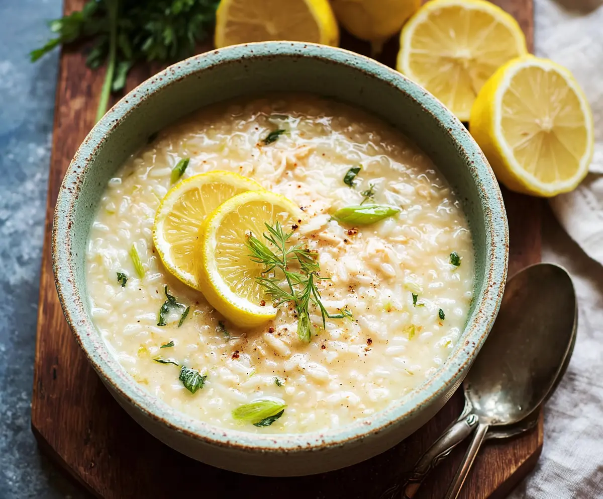 A bowl of Greek Lemon Rice Soup garnished with fresh herbs and lemon slices, showcasing a comforting and traditional Mediterranean dish.