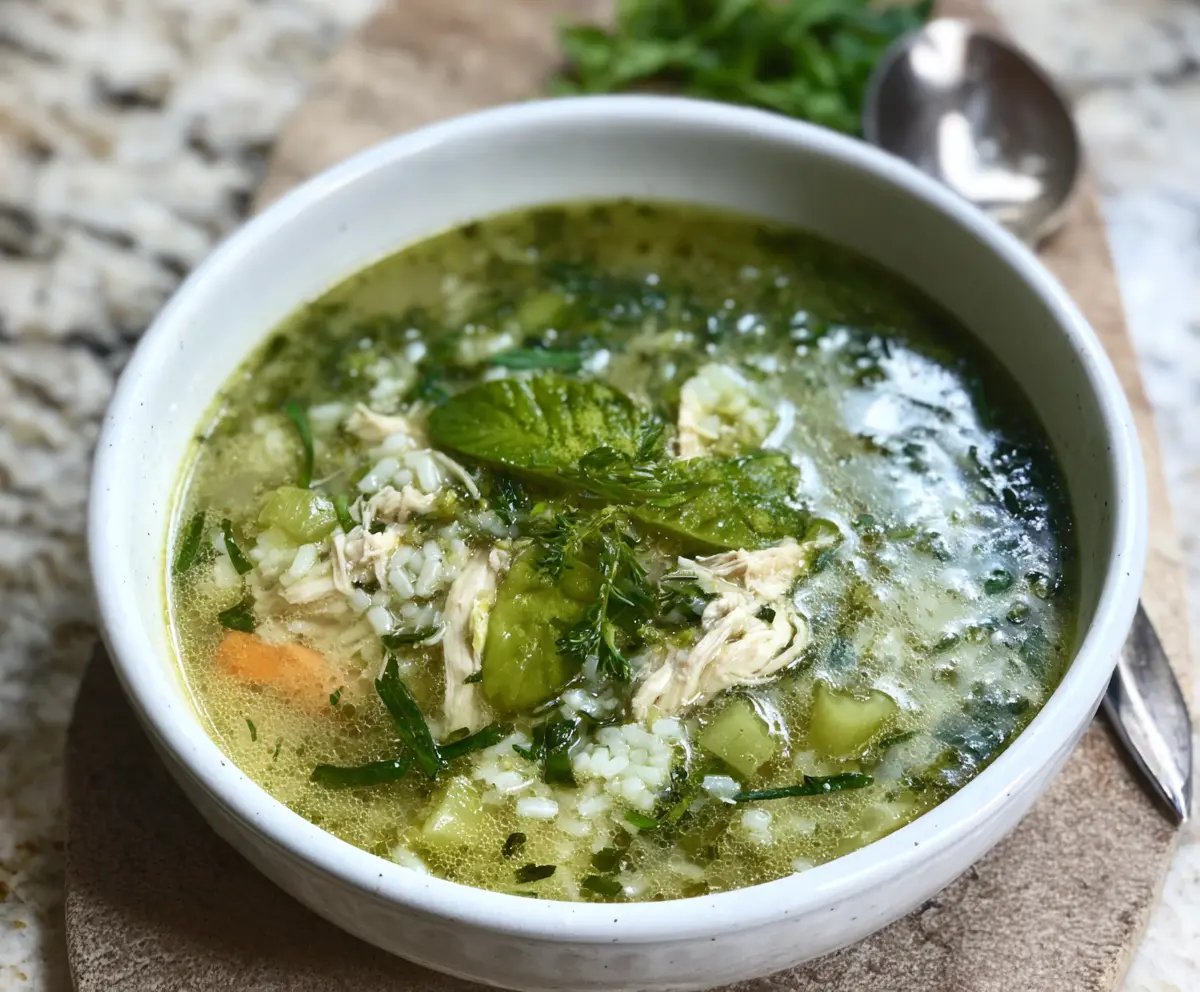 Healthy green garlic and ginger chicken rice soup served in a bowl, perfect for comforting meals.