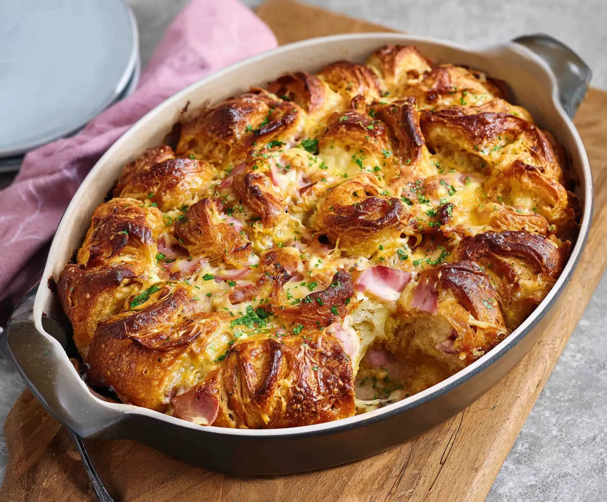 Delicious ham and cheese croissant brunch bake with melted cheese and flaky pastry
