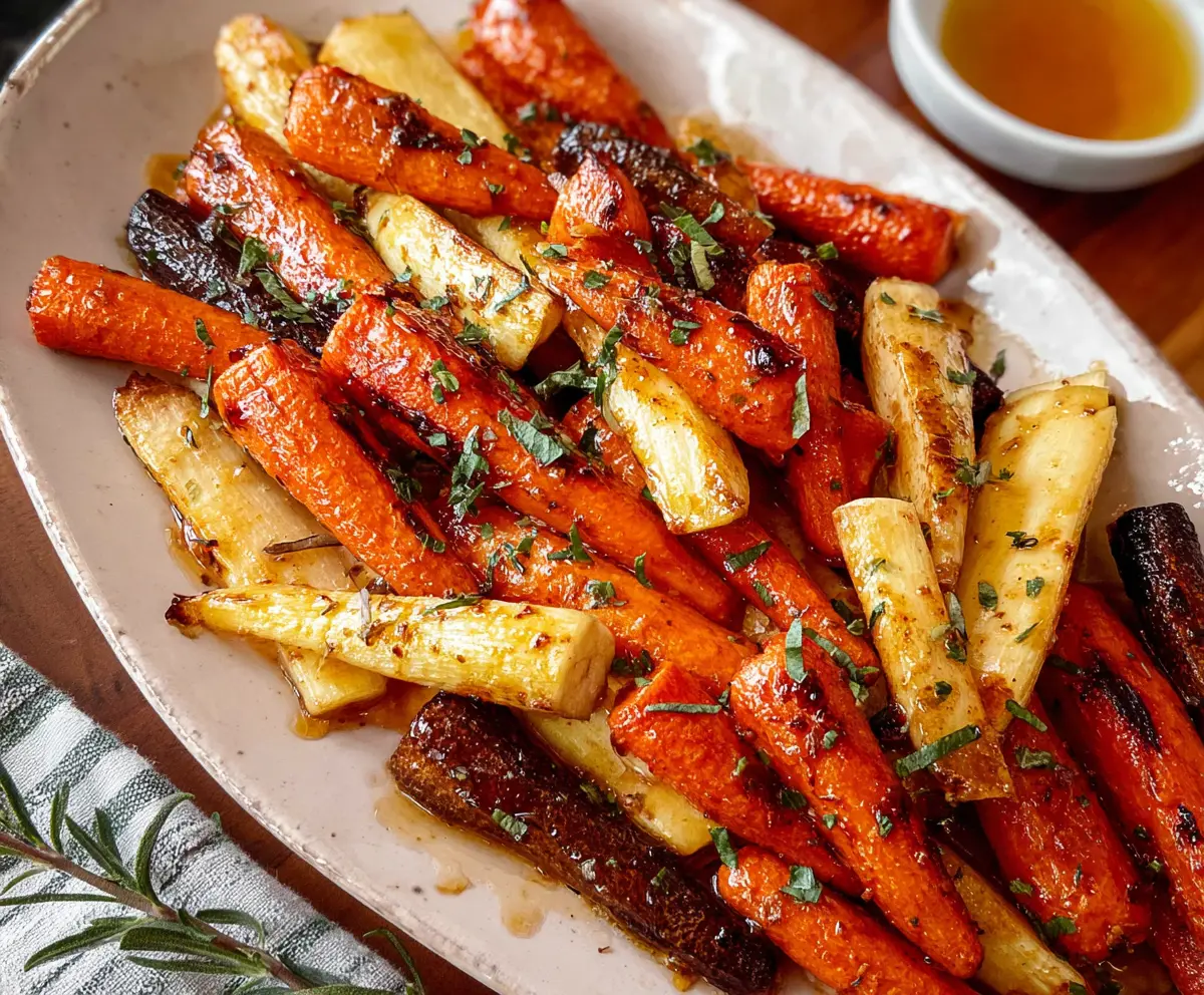 Delicious honey garlic roasted carrots and parsnips served on a white plate for a healthy vegetarian dish.