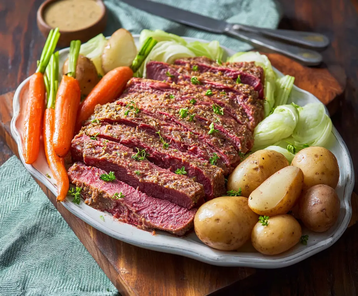 Tender Instant Pot corned beef brisket with vegetables on a plate