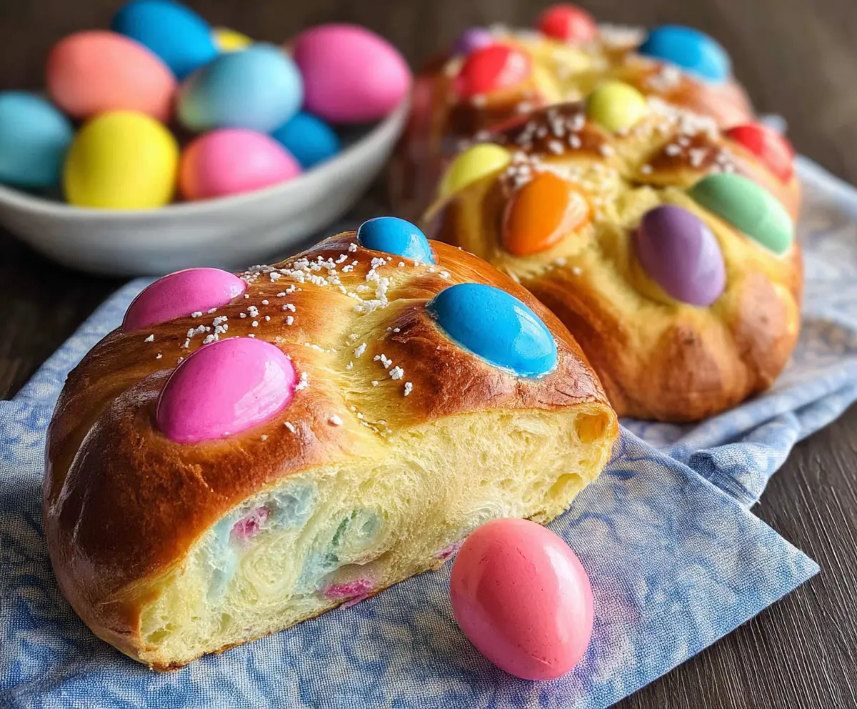 Festive Italian Easter bread decorated with colorful eggs for a joyful celebration.