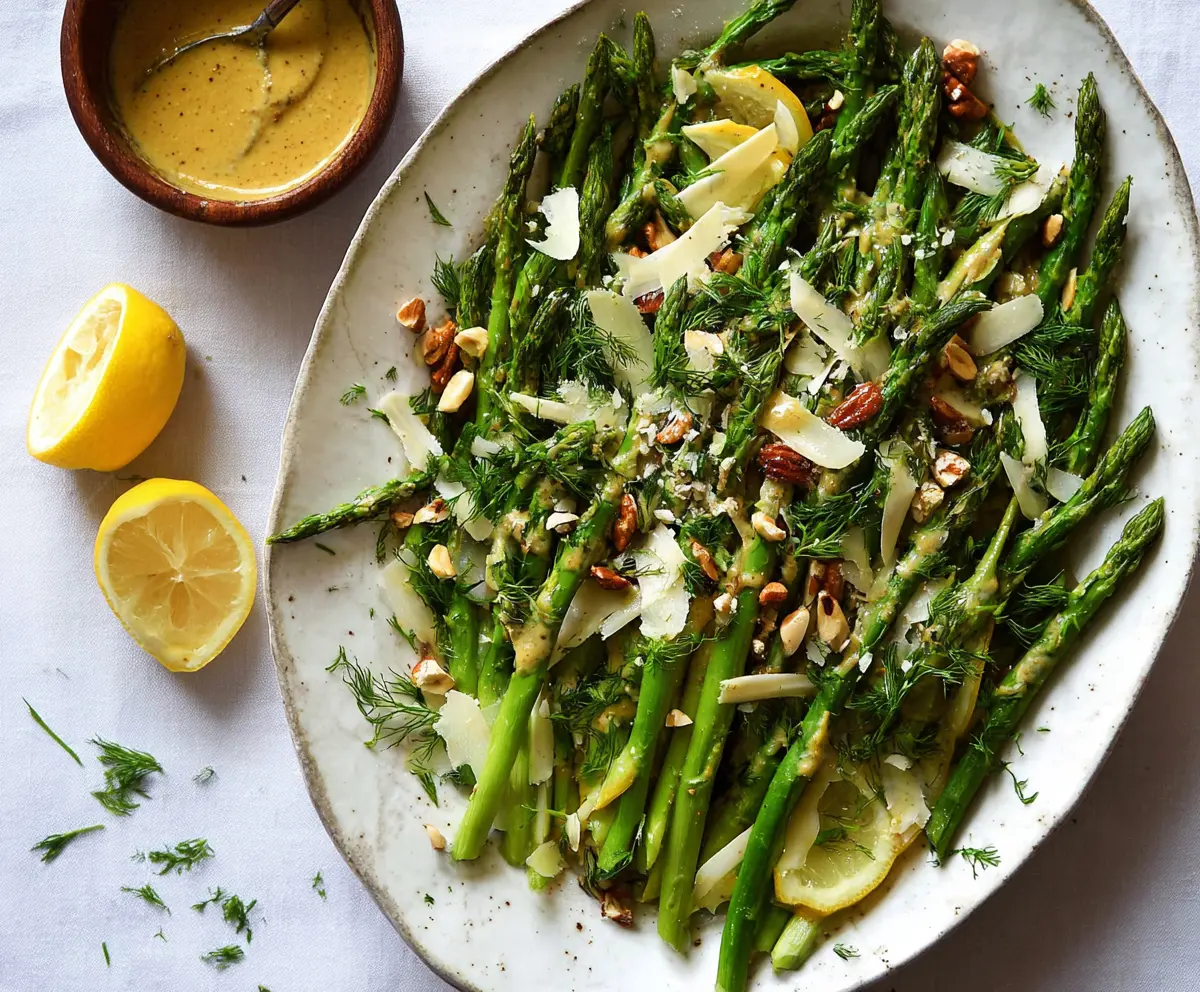 Fresh Lemon Asparagus Salad with Shaved Cheese and Crunchy Nuts on a white plate.
