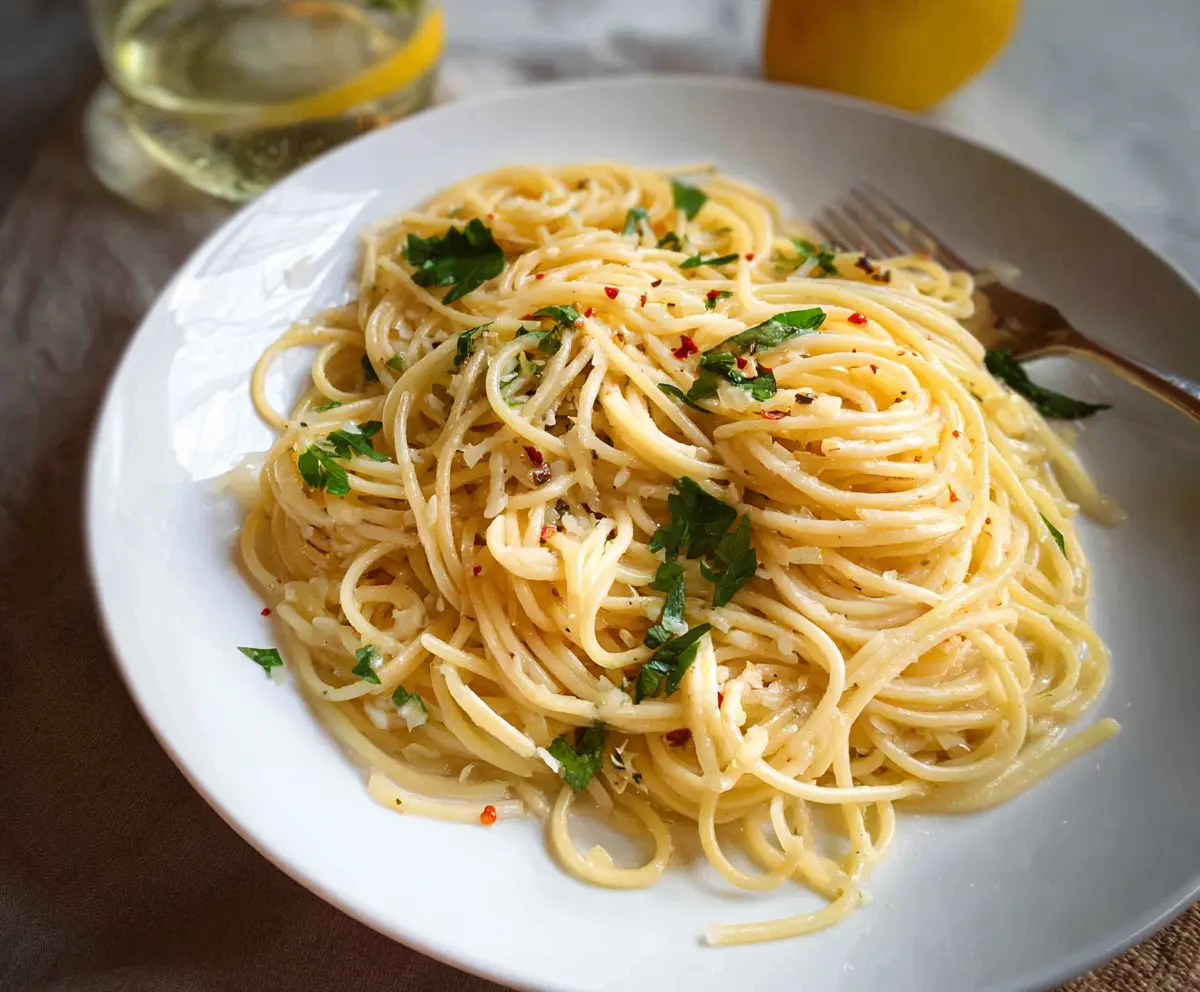 Creamy lemon butter garlic pasta served in a white bowl, garnished with fresh herbs.