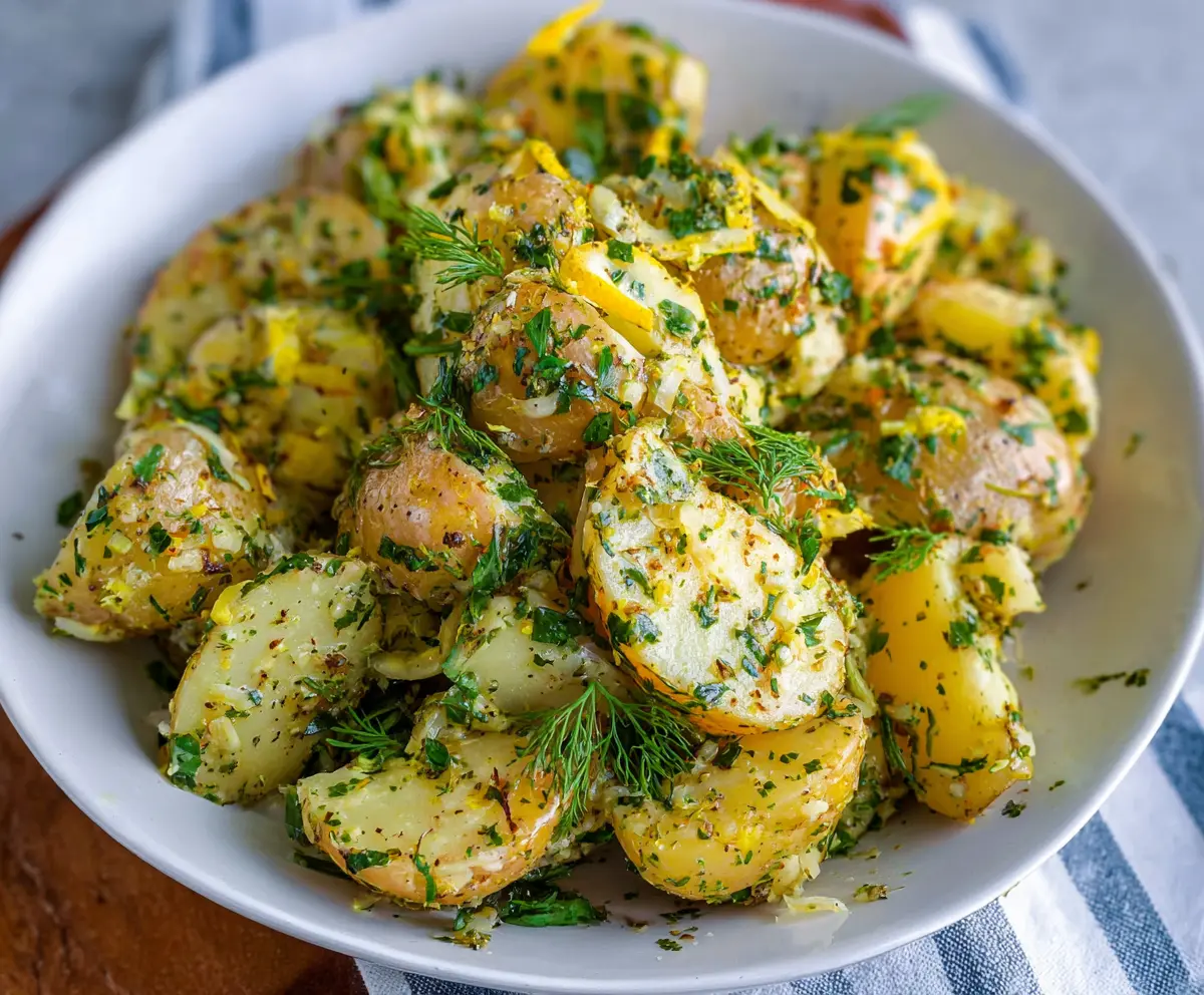 Fresh Lemon Herb Potato Salad with herbs and lemon slices in a bowl