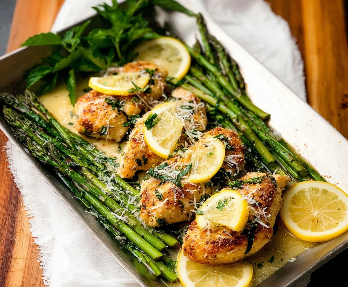 Delicious lemon Parmesan chicken served with fresh asparagus on a white plate.