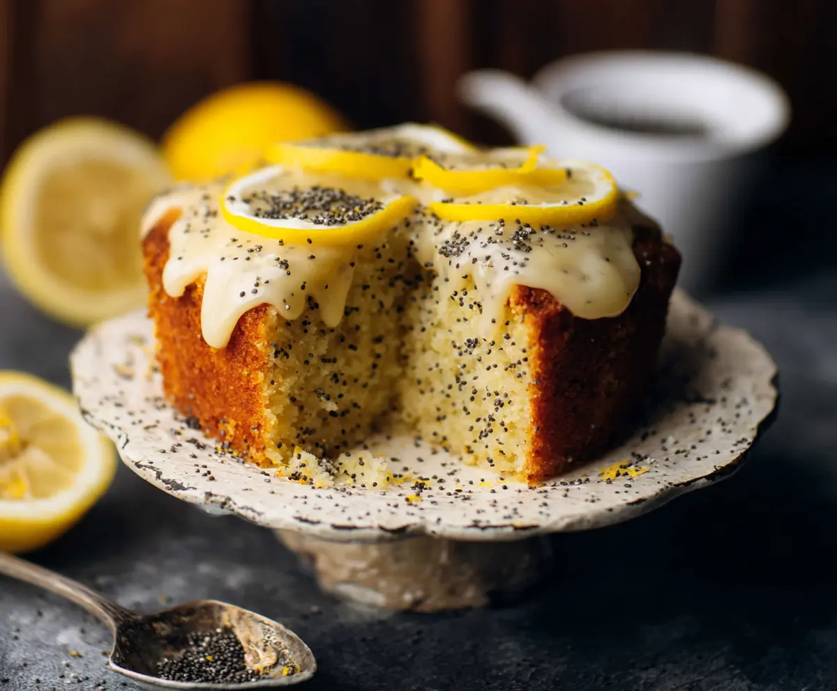 Delicious Lemon Poppy Seed Cake with zesty lemon glaze and poppy seeds on top.