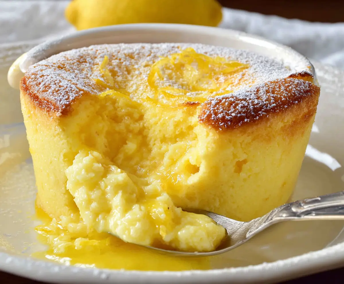 Delicious lemon pudding cake with a fluffy texture and zesty lemon flavor on a white plate.