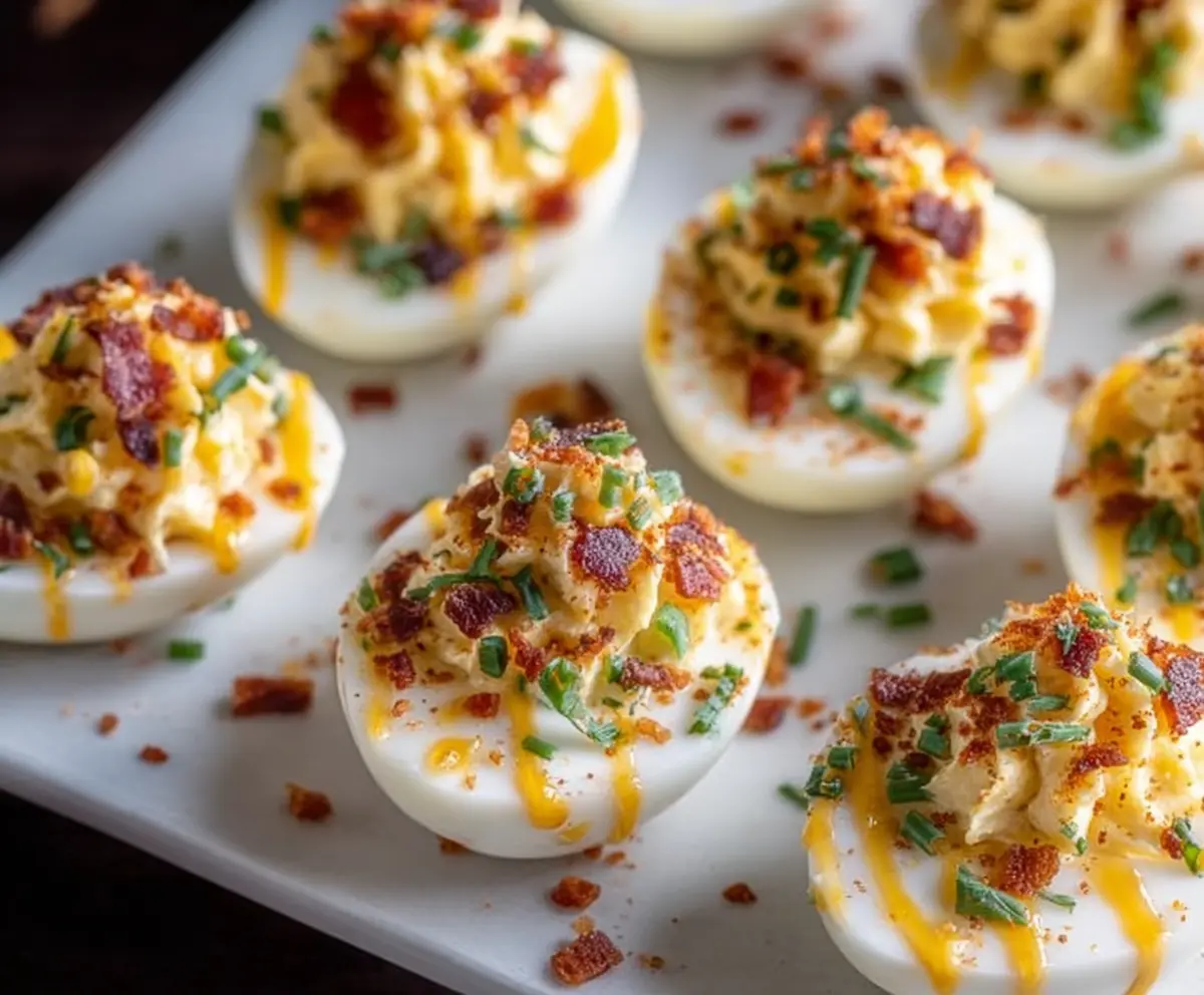 Loaded Deviled Eggs garnished with paprika and fresh herbs on a white plate.