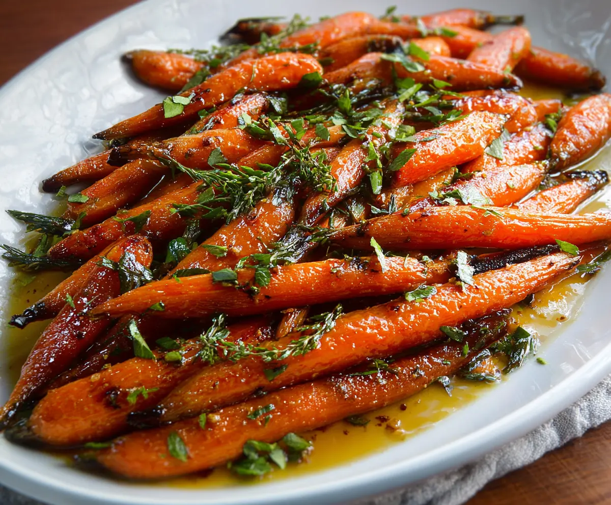 Sweet glazed carrots topped with glossy maple syrup, perfect for a delicious side dish.
