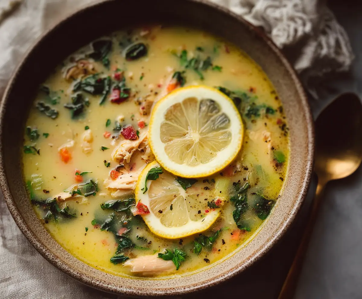 Hearty Mediterranean Lemon Chicken Soup in a bowl, garnished with fresh herbs and lemon slices.