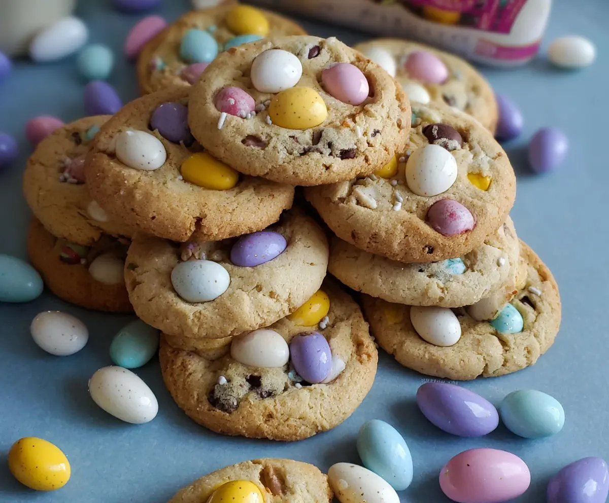 Delicious mini egg cookies garnished with colorful candy eggs for Easter treats.