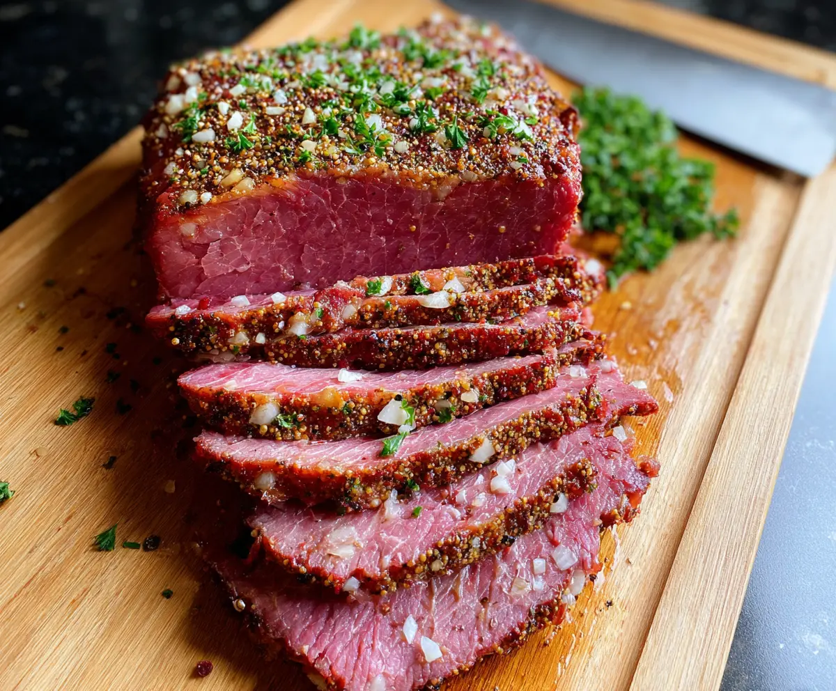 Delicious oven roasted corned beef with crispy edges and tender interior, perfect for a hearty meal.