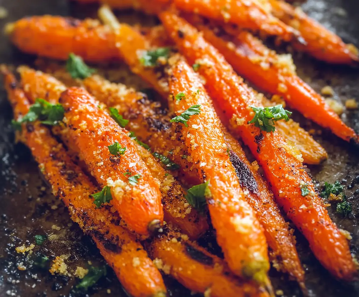 Delicious Parmesan Garlic Roasted Carrots on a rustic plate, garnished with fresh herbs.