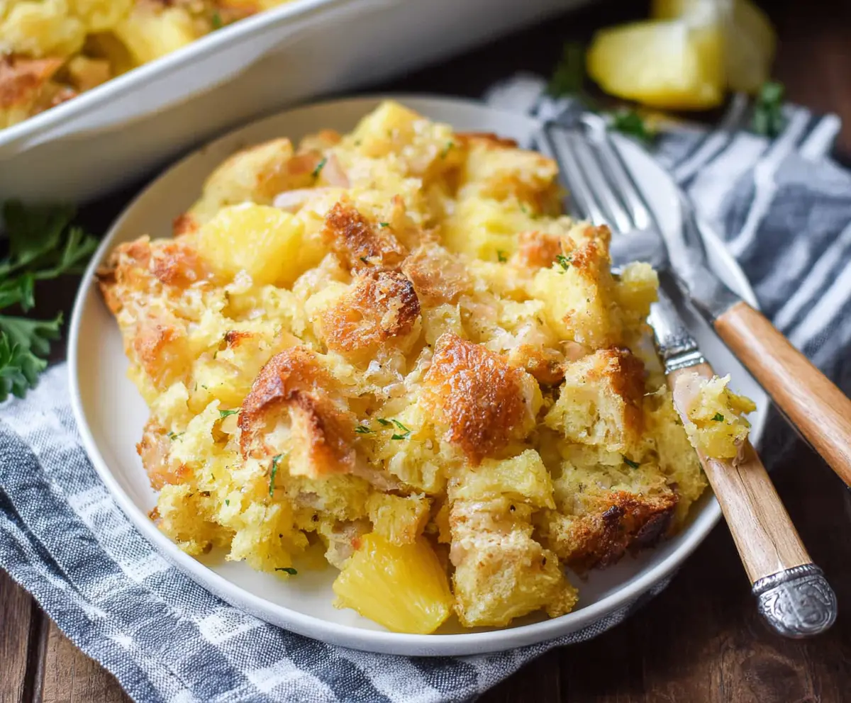 Delicious pineapple stuffing served in a bowl, perfect for holiday dinners.