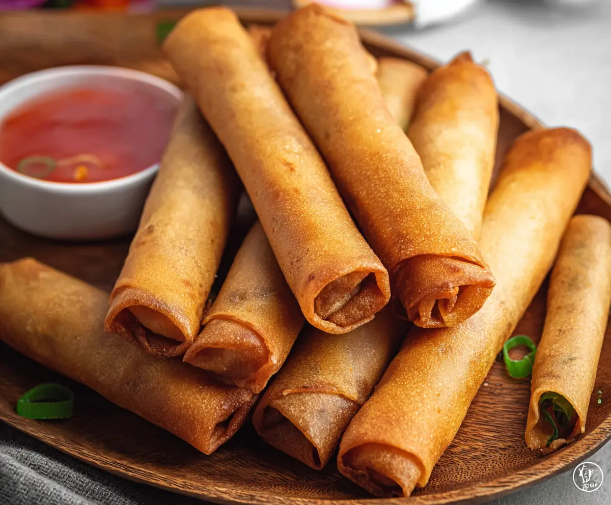 Crispy pork lumpia served with dipping sauce on a white plate