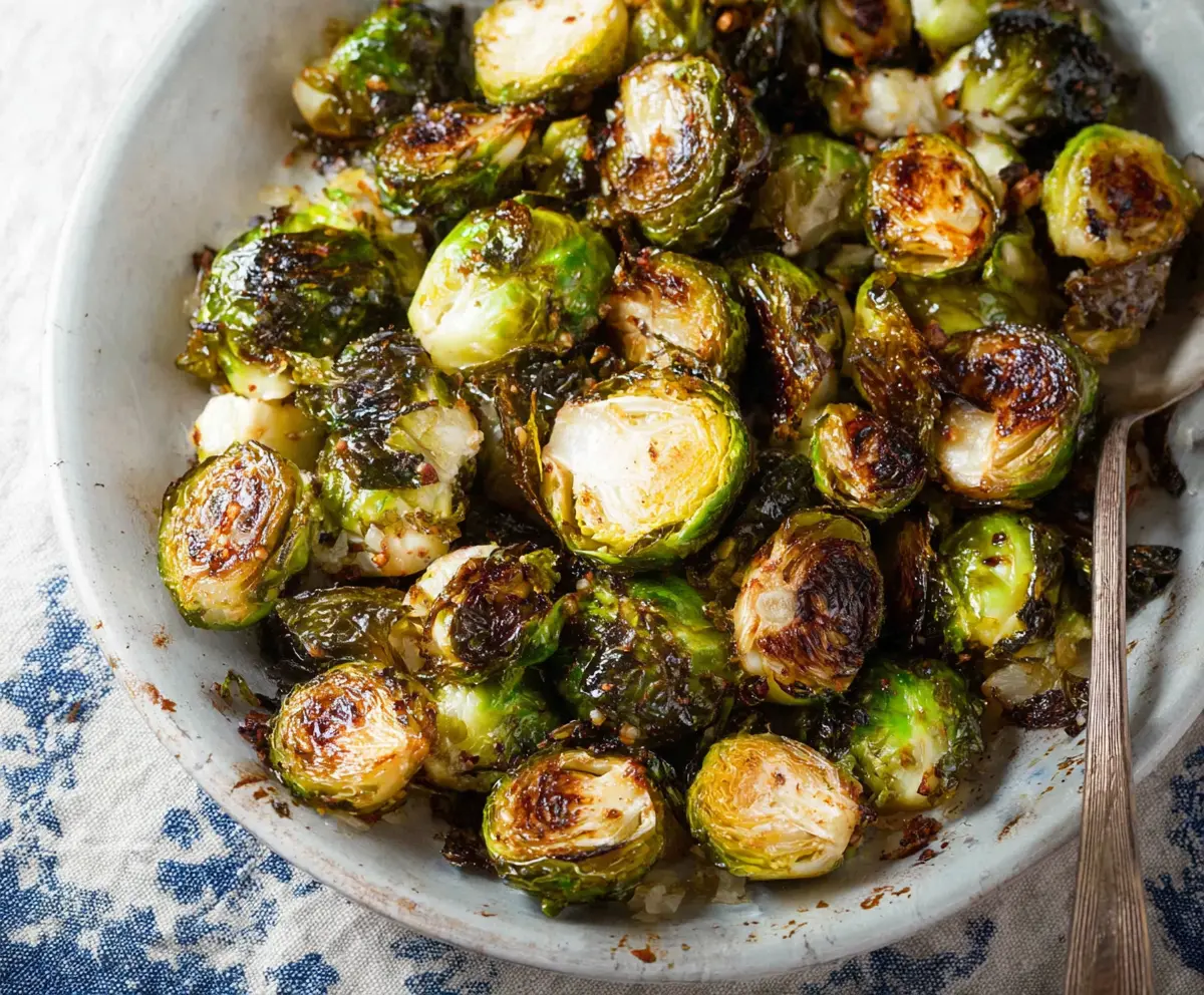 Delicious roasted Brussels sprouts roasted to perfection with crispy edges and a golden-brown color.