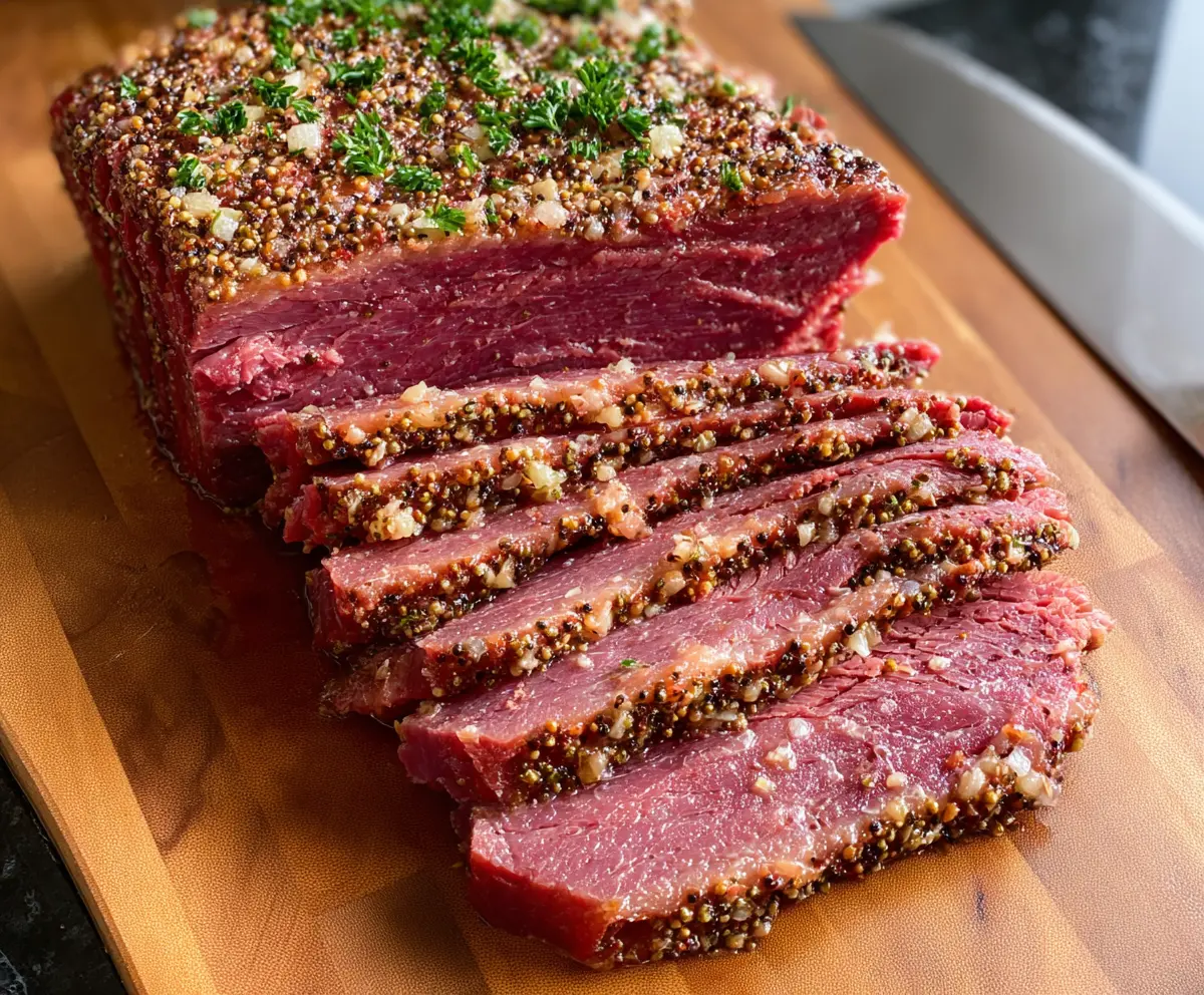 Juicy roasted corned beef served with crispy edges and tender interior, perfect for a hearty meal.