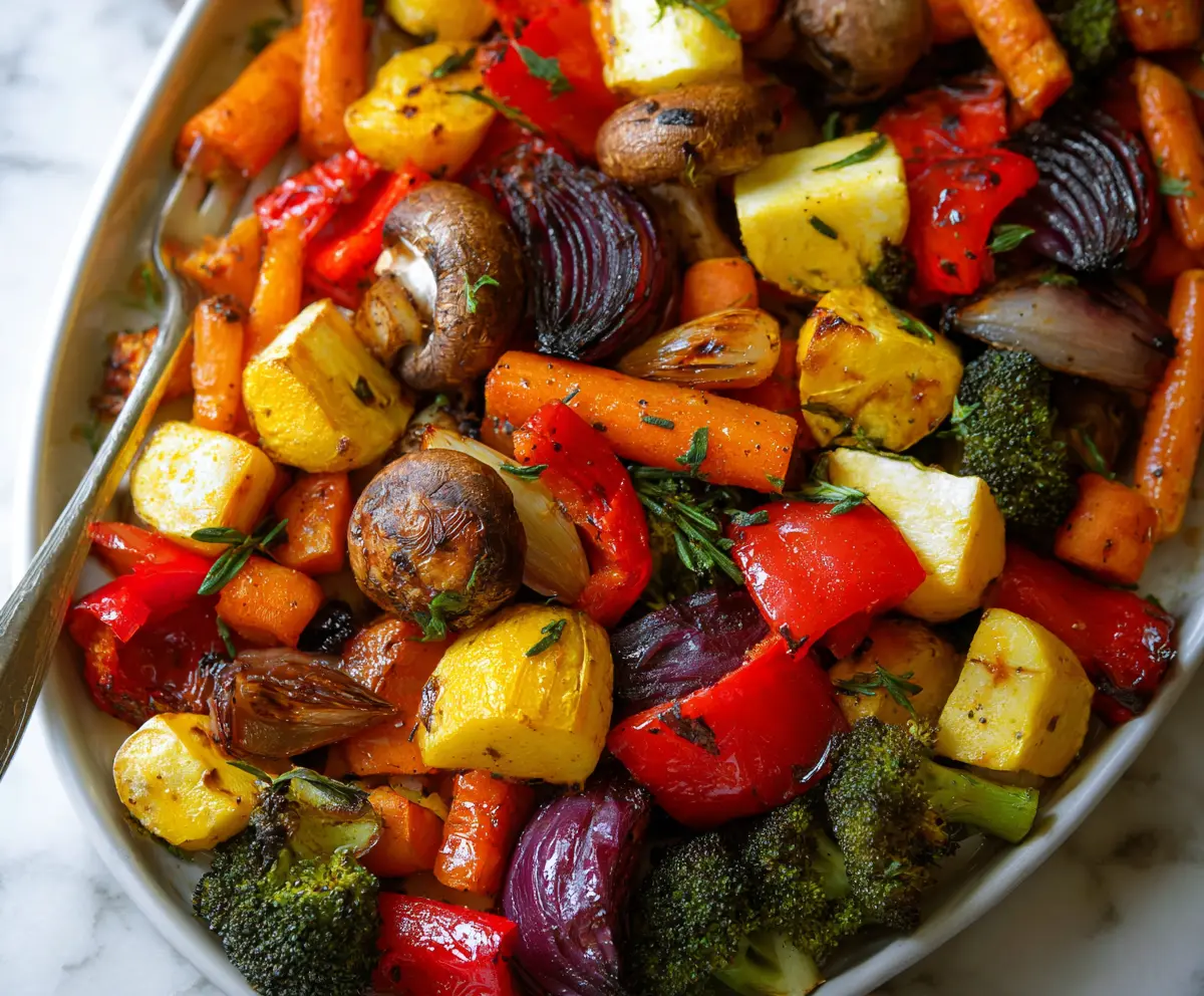 Colorful roasted vegetables including carrots, zucchini, and bell peppers on a baking tray.