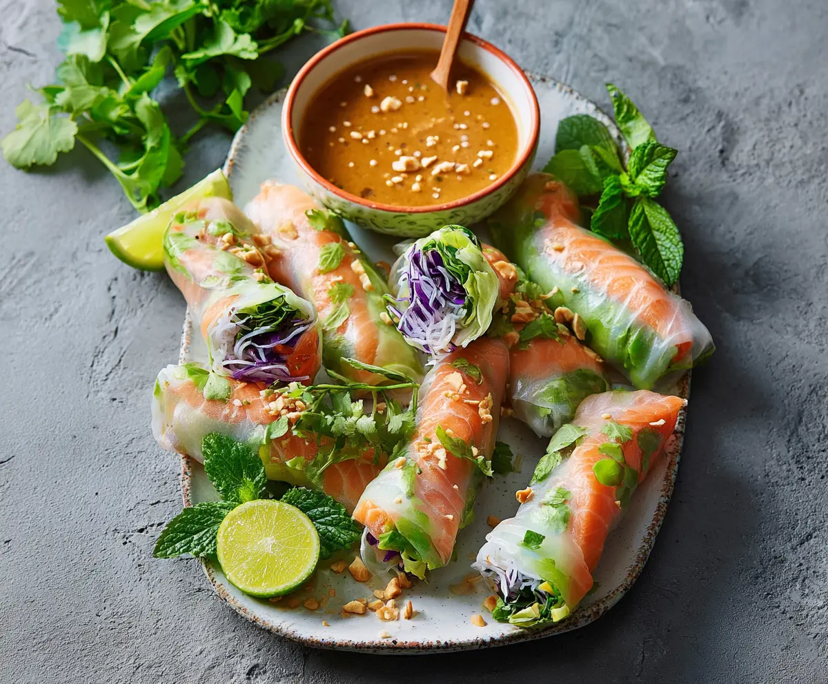 Delicious salmon fresh spring rolls with vibrant vegetables and creamy peanut sauce on a plate.