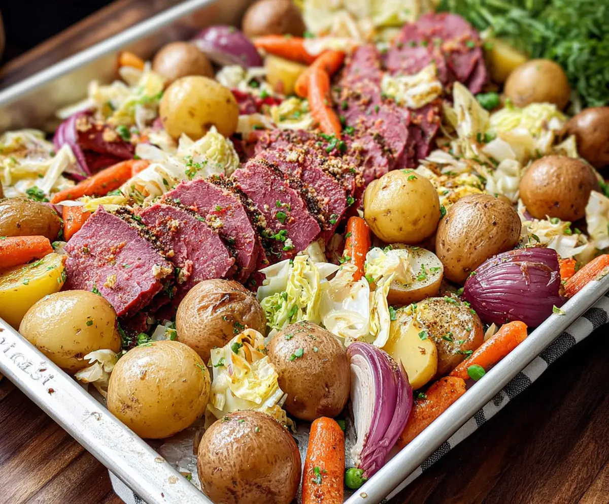 Sheet Pan Corned Beef and Cabbage dinner served on a baking sheet with vegetables