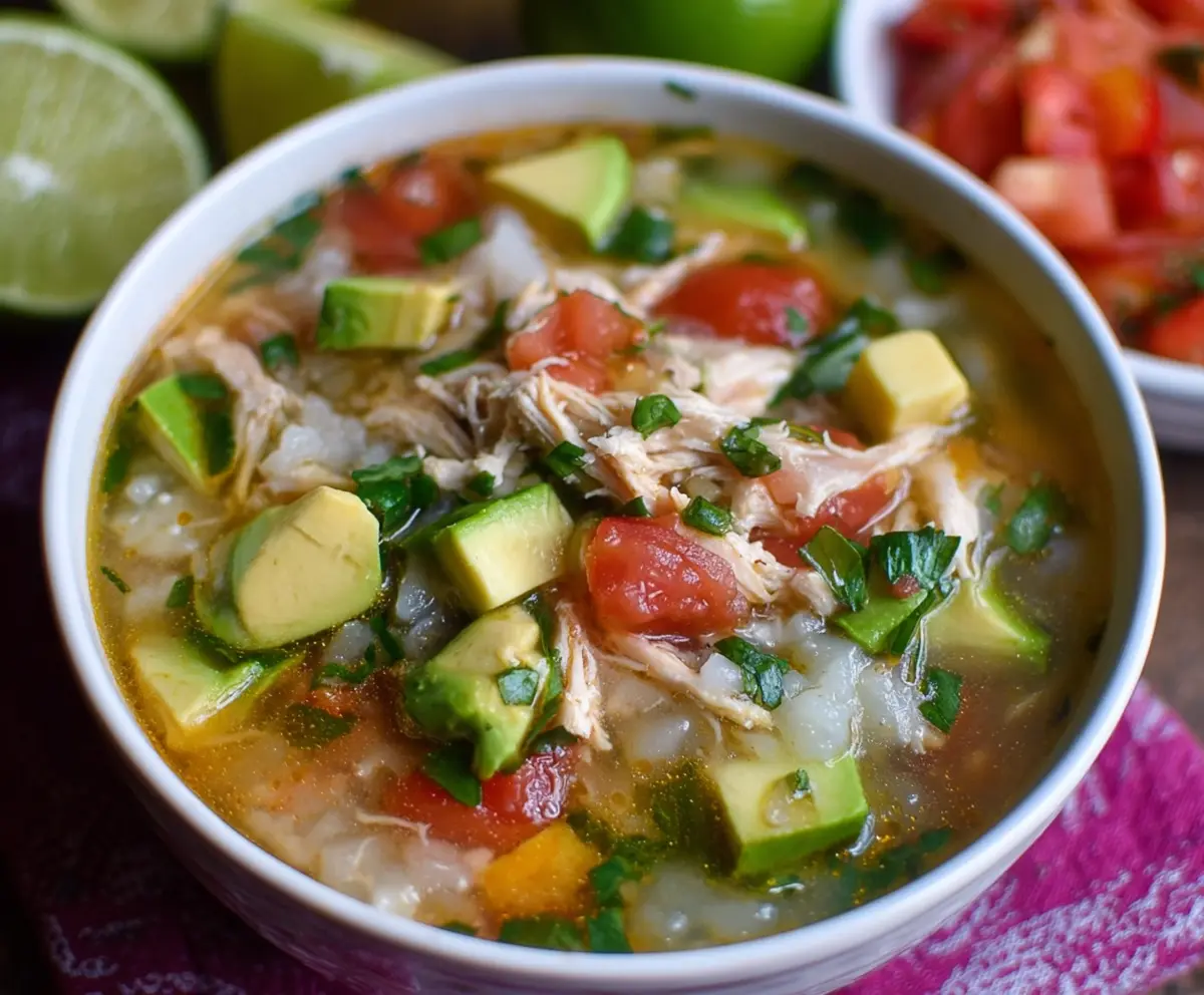 Delicious Slow Cooker Mexican Chicken Lime Soup in a bowl with fresh herbs and lime slices.