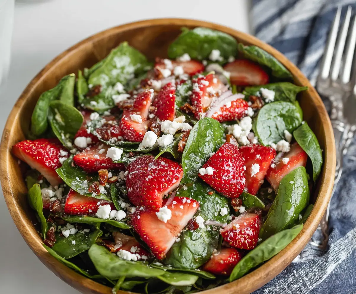 Fresh spinach and ripe strawberries in a vibrant spinach strawberry salad.