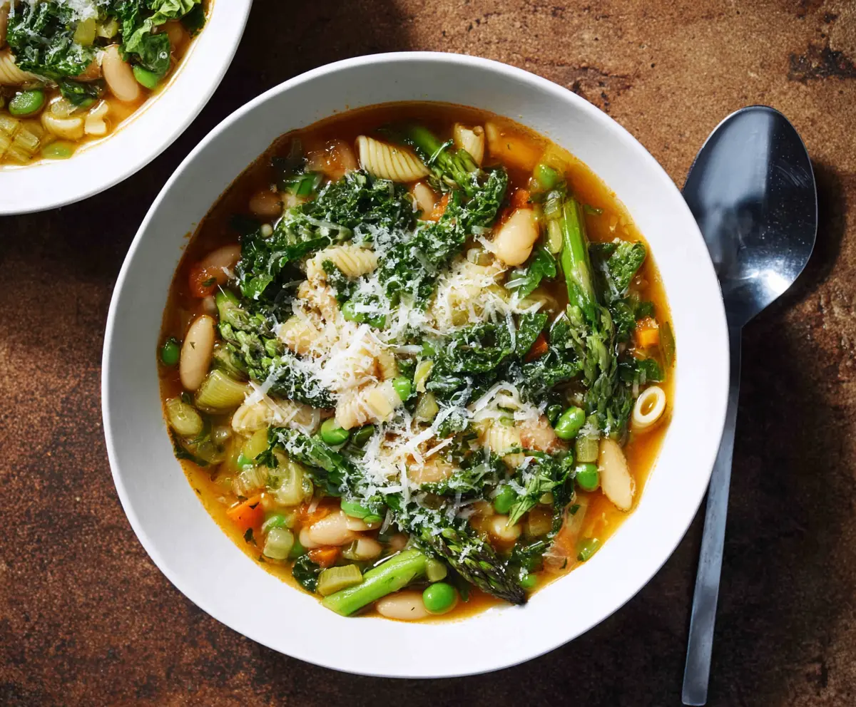 Delicious Spring Minestrone Soup with fresh vegetables in a bowl, perfect for a light and healthy meal.