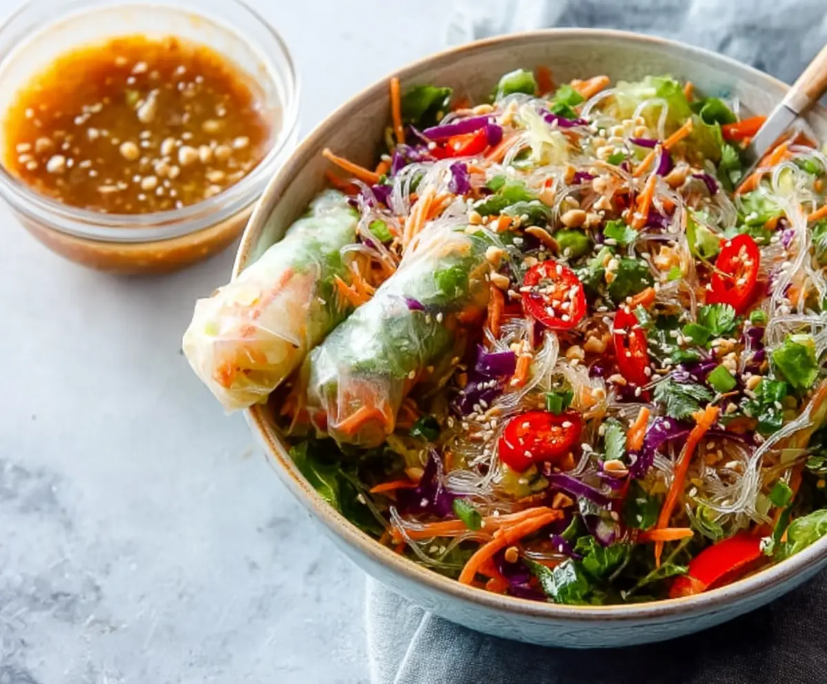 Fresh spring roll salad with colorful vegetables and herbs topped with spicy ginger dressing.