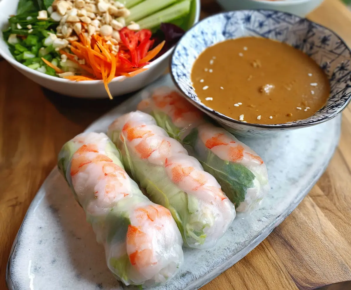 Fresh spring rolls filled with colorful vegetables and herbs served with creamy peanut sauce.