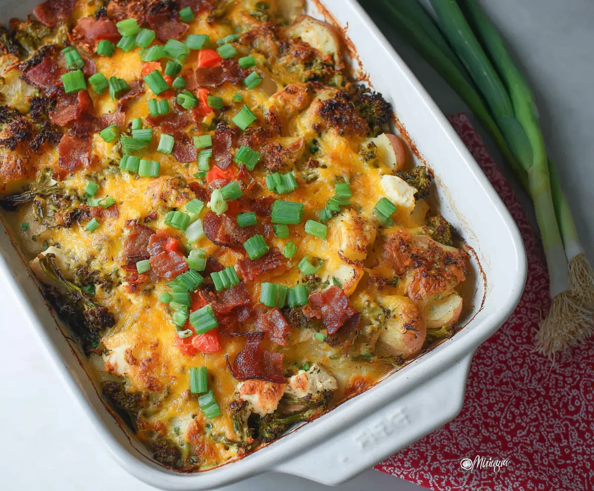 Baked chicken and spring vegetables loaded potato casserole with fresh herbs on a rustic plate.
