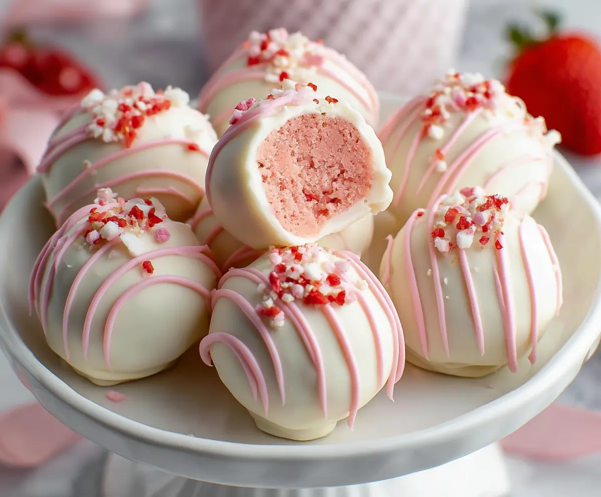 Delicious strawberry cake balls with a shiny glaze on a white plate, perfect for dessert or party treats.