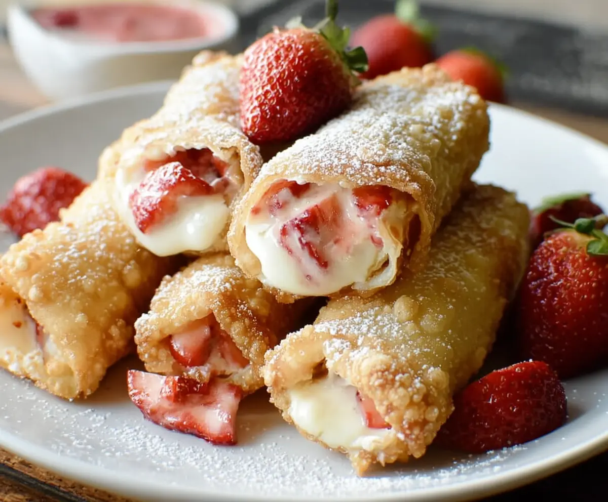 Delicious strawberry cheesecake egg rolls with crispy golden exterior and creamy filling.