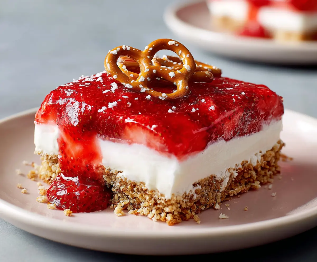 Delicious strawberry pretzel dessert with cream cheese topping and fresh strawberries on top.