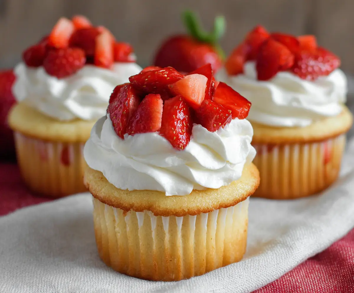 Delicious strawberry shortcake cupcakes topped with fresh strawberries and whipped cream
