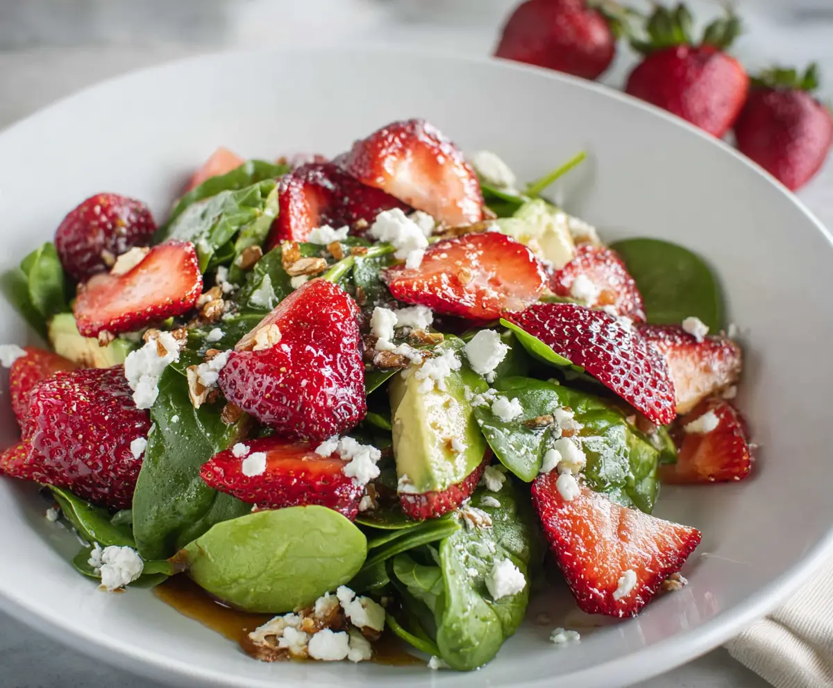 Fresh Strawberry Spring Salad with mixed greens, feta cheese, and balsamic glaze for a healthy and colorful meal.